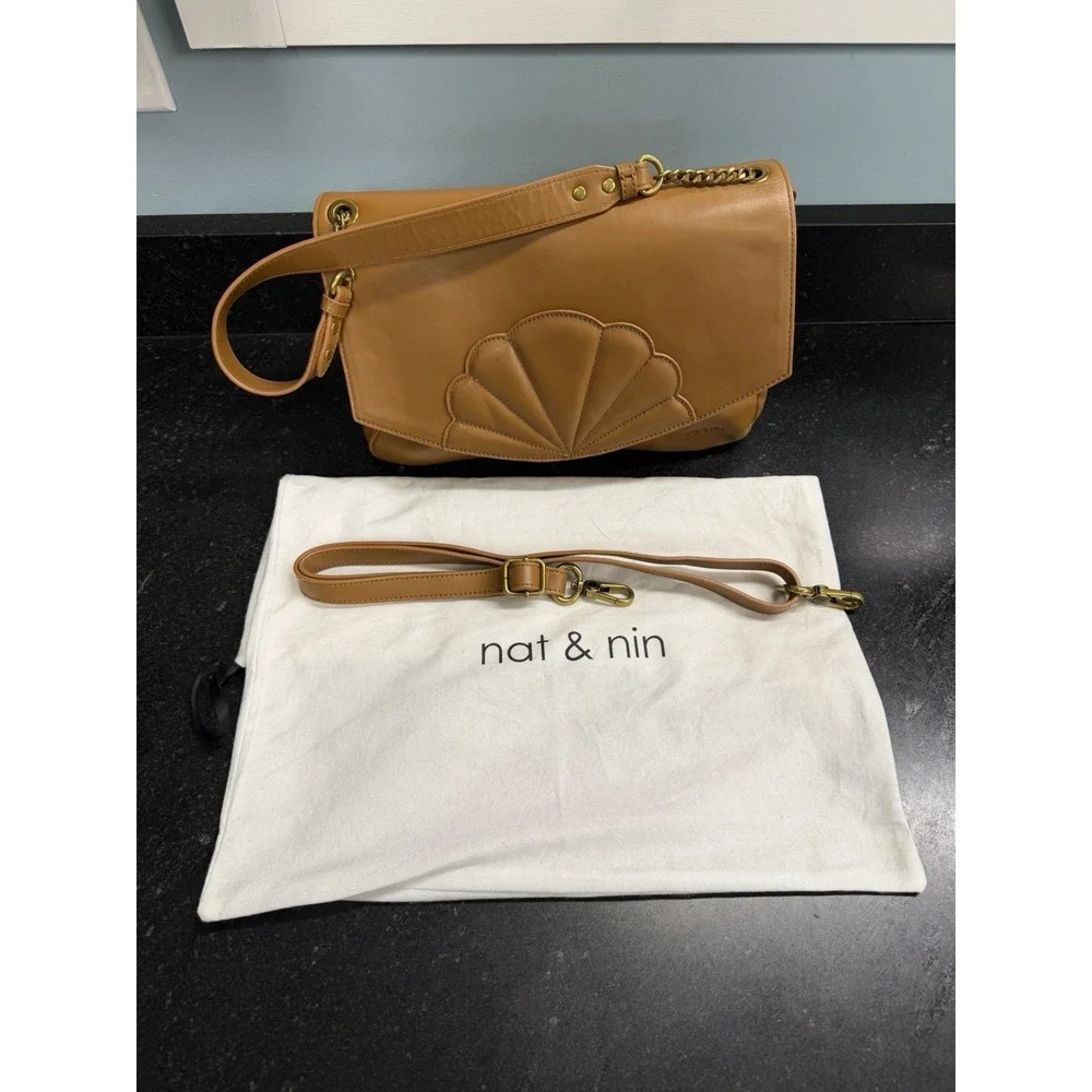 Nat & Nin Chelsea Leather Shoulder Crossbody Bag Camel Tan Fan Flap w/ Strap